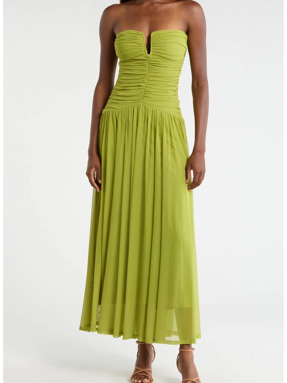 Strapless Ruched Bodice Midi Dress in Lime